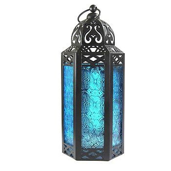 Retro Electrophoresis Black Plated Iron Ramadan Candle Lantern, Portable Glass Decorative Hanging Lamp Candle Holder for Home Decoration, Deep Sky Blue, 95x80x250mm
