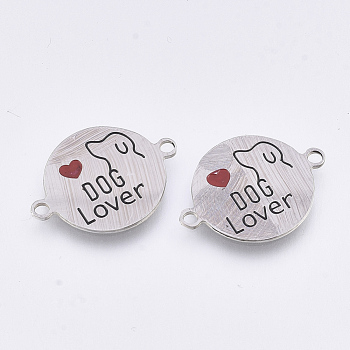 304 Stainless Steel Links connectors, with Enamel, Love Pet Theme, Flat Round with Word Dog Lover, Stainless Steel Color, 21x15.5x0.7mm, Hole: 1.4mm