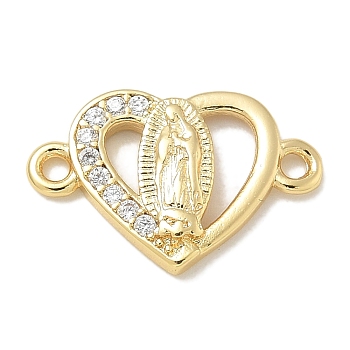 Rack Plating Brass Micro Pave Clear Cubic Zirconia Religion Heart Virgin Mary Connector Charms, Long-Lasting Plated, Lead Free & Cadmium Free, Real 18K Gold Plated, 11.5x16.5x2.2mm, Hole: 1.6mm