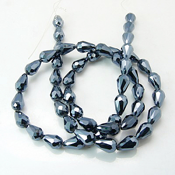 Electroplate Glass Beads Strands, Faceted, teardrop, Black Plated, 7x5mm, Hole: 1mm, about 65~67pcs/strand, 18~18.5 inch(45.5~46.9cm)