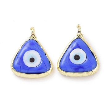 Handmade Evil Eye Lampwork Charms, with Real 18K Gold Plated Tone Brass Findings, Triangle Charm, Royal Blue, 12x13x4mm, Hole: 2mm
