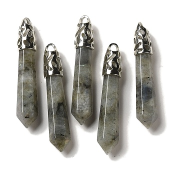 Natural Labradorite Pointed Big Pendants, Faceted Bullet Charms with Rack Plating Platinum Plated Brass Findings, 56~65x11~11.5x10~10.5mm, Hole: 4X3mm