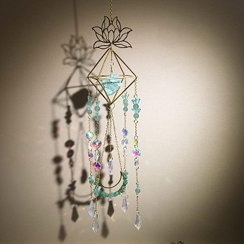 Metal Lotus Hanging Ornaments, Natural Green Aventurine Chip and Glass Cone Tassel Suncatchers for Home Garden Outdoor Decoration, 500mm