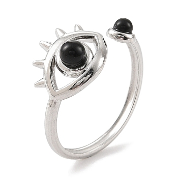 Natural Black Agate Finger Rings, Eye 304 Stainless Steel Cuff Rings for Women, Stainless Steel Color, 10.5mm, Inner Diameter: 19mm