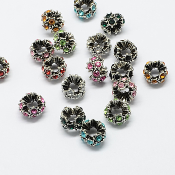 Alloy Rhinestone European Beads, Flower Large Hole Beads, Antique Silver, Mixed Color, 12x8mm, Hole: 5mm
