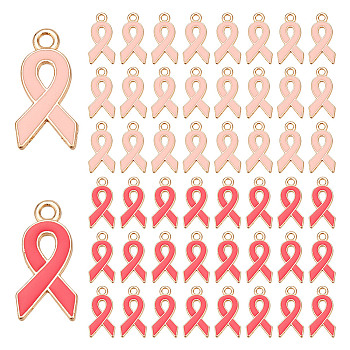 60Pcs 2 Colors Alloy Enamel Pendants, Cadmium Free & Lead Free, October Breast Cancer Pink Awareness Ribbon Shape, Light Gold Plated, Mixed Color, 20x10x2mm, Hole: 2mm, 30pcs/color