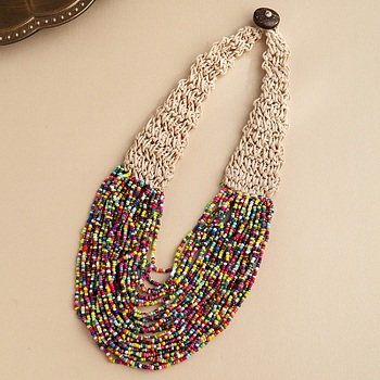 Bohemia Style Multi-strand Glass Seed Beaded Bib Necklaces for Women, Wax Cord Knitting Necklaces with Coconut Clasp, Colorful, 19.09 inch(48.5cm)