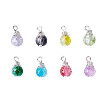 Kissitty Baking Painted Crackle Glass Pendant, with Iron Findings, Round, Silver Color Plated, Mixed Color, 15~16x8mm, Hole: 2.5mm, 10pcs/color, 80pcs/set