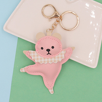 PU Leather Dancing Bear Keychain, with Iron Findings, for Women Bag Car Key Decorations, Pink, 14cm