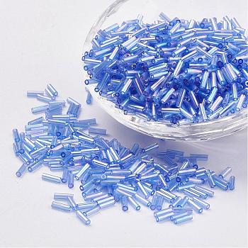 Glass Bugle Beads, Transparent Colours Rainbow, Sky Blue, 12x2mm, Hole: 0.5mm, about 5000pcs/bag