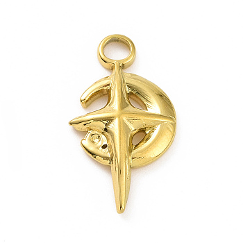 Ion Plating(IP) 304 Stainless Steel Pendant Rhinestone Settings, Moon with Cross, Real 18K Gold Plated, Fit for 0.8mm Rhinestone, 21x11x3mm, Hole: 3mm
