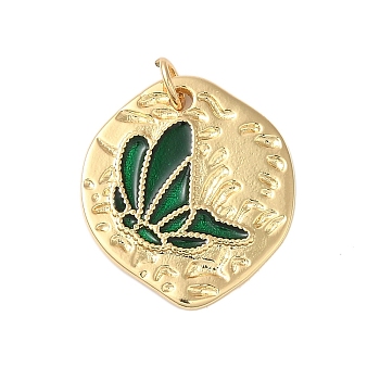 Rack Plating Brass Enamel Pendants, with Jump Ring, Cadmium Free & Lead Free, Real 18K Gold Plated, Irregular with Butterfly Charm, Green, 21.5x19x2mm, Hole: 3.4mm