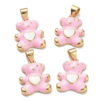 Brass Enamel Pendants, Real 18K Gold Plated, Long-Lasting Plated, Bear with Heart, Pink, 18x13.5x4mm, Hole: 5x3.5mm
