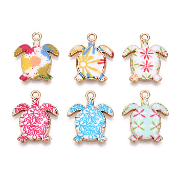Printed Alloy Pendants, Light Gold, Tortoise Charm, Mixed Color, 21.5x18x1.5mm, Hole: 1.8mm