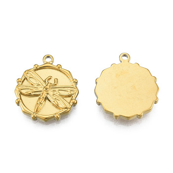 Ion Plating(IP) 304 Stainless Steel Pendants, Flat Round with Dragonfly, Real 18K Gold Plated, 21x18x2.5mm, Hole: 1.6mm