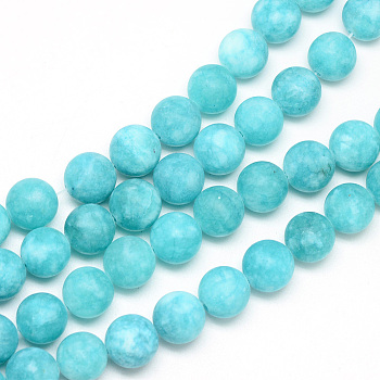 Natural White Jade Bead Strands, Dyed, Frosted, Round, Dark Turquoise, 10~11mm, Hole: 1.5mm, about 38~39pcs/strand, 14.9 inch