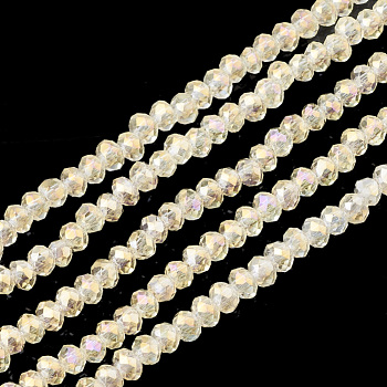 Electroplate Transparent Glass Beads Strands, Faceted, Rondelle, Light Yellow, 3x2mm, Hole: 0.5mm, about 150~155pcs/strand, 14.96 inch~15.35 inch(38~39cm)