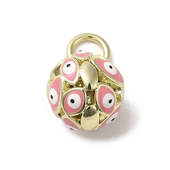 Brass Enamel Charms, with Jump Ring, Real 18K Gold Plated, Round with Evil Eye Charm, Pink, 12.5x10mm, Hole: 3.6mm