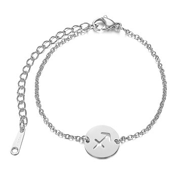 201 Stainless Steel Link Bracelets, with Cable Chains and Lobster Claw Clasps, Flat Round with Constellation, Sagittarius, 6 inch~6-3/4 inch(15~17.5cm), 1.5mm