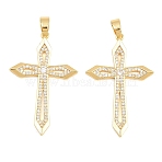 Easter Brass Micro Pave Clear Cubic Zirconia Pendants, Geometric Cross Charms, Real 18K Gold Plated, 38.5x25x2.5mm, Hole: 5.5x3mm(ZIRC-F148-14A-G)