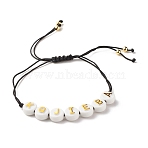 Acrylic Flat Round with Letters Braided Bead Bracelet for Women, Black, Inner Diameter: 3/4~3 7/8 inch(2~9.7cm)(BJEW-JB07571-02)