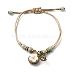 Adjustable Handmade Porcelain Flower Beads Braided Beads Bracelets, Alloy Leaf Charm Bracelets for Women, Aquamarine, 7-1/8 inch(18cm)(WGFB2A7-09)