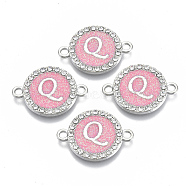 Alloy Enamel Links Connectors, with Crystal Rhinestones, Flat Round with Letter, Silver Color Plated, Letter.Q, 22x16x2mm, Hole: 1.8mm(ENAM-TAC0003-01S-03Q)