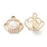 UV Plating Alloy Pendants, with Crystal Rhinestone and ABS Plastic Imitation Pearl, Crown Charms, Golden, 18x19x18.5mm, Hole: 2.5mm(ALRI-M020-34G)
