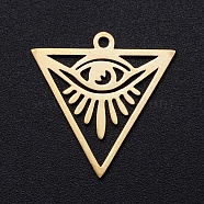 201 Stainless Steel Pendants, Filigree Joiners Findings, Laser Cut, Triangle with Eye, All Seeing Eye, Golden, 20x19.5x1mm, Hole: 1.4mm(STAS-S105-JN880-2)