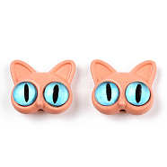 Spray Painted Alloy Beads, with Glass Eye, Cat Head, Light Salmon, 14x16.5x7mm, Hole: 1.5mm(PALLOY-K001-19D)