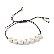 Acrylic Flat Round with Letters Braided Bead Bracelet for Women, Black, Inner Diameter: 3/4~3 7/8 inch(2~9.7cm)(BJEW-JB07571-02)