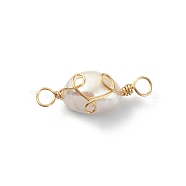 Grade AA Natural Cultured Freshwater Pearl Connector Charms, Long-Lasting Plated Eco-Friendly Copper Wire Wrapped Pearl Links, Two Sides Polished, Golden, 23x9x7mm, Hole: 3mm(PALLOY-JF02071)