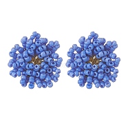 Glass Seed Braided Beaded Flower Stud Earrings, Golden 304 Stainless Steel Jewelry for Women, Royal Blue, 25~27x22~23mm, Pin: 0.8mm(EJEW-MZ00072-02)