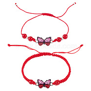 Adjustable Nylon Braided Bead Bracelets, Alloy Butterfly Link Bracelets for Women, Dark Red, Inner Diameter: 5/8 ~3-3/8 inch(1.5~8.5cm), 2pcs/set(BJEW-TA00486)