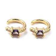 Brass Micro Pave Cubic Zirconia Cuff Earrings, Real 18K Gold Plated, Ring, Purple, 13x2.5mm(EJEW-K086-02G-02)