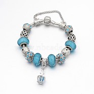 Crown Alloy Rhinestone Enamel European Beaded Bracelets, with Resin European Beads, Brass Chains and Alloy Clasps, Sky Blue, 180mm(X-BJEW-I182-02D)