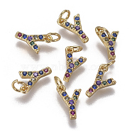 Brass Micro Pave Cubic Zirconia Charms, Letter, Colorful, Golden, Letter.Y, 9.5x6x1.8mm, Hole: 2mm(ZIRC-L070-38Y-G)