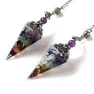 Natural Gemstone Dowsing Pendulum Big Pendants, with Resin, Amethyst & Quartz Crystal, Hexagonal Cone, 300mm, Hole: 1.5mm(G-H285-02P-01)