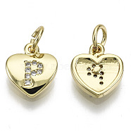 Brass Micro Pave Clear Cubic Zirconia Charms, with Jump Ring, Heart with Letter, Real 16K Gold Plated, Nickel Free, Letter.P, 10x9x2mm, Jump Ring: 5x1mm, 3mm inner diameter(KK-N227-34P-NF)
