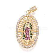 Religion Theme Brass Micro Pave Cubic Zirconia Pendants, Lady of Guadalupe Charms, Oval with Virgin Mary, Colorful, Golden, 31.5x17.5x3mm, Hole: 2.5x4mm(ZIRC-I032-71G)