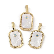 Rack Plating Brass Micro Pave Cubic Zirconia Pendants, with Shell, Long-Lasting Plated, Lead Free & Cadmium Free, Real 18K Gold Plated, Sheild with Twelve Constellations, Sagittarius, 20.5x10x2.5mm, Hole: 4.5x2mm(KK-U032-90G-02)