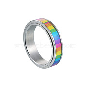 Rainbow Color Pride Flag Enamel Rectangle Rotating Ring, Stainless Steel Fidge Spinner Ring for Stress Anxiety Relief, Stainless Steel Color, US Size 7(17.3mm)(RABO-PW0001-038C)