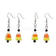 Halloween Candy Corn Handmade Lampwork & Glass Dangle Earrings, Brass Jewelry for Women, Platinum, Colorful, 49x11mm(EJEW-JE05871)