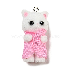 Flocking Opaque Resin Pendants, Cat in Pink Clothes Charms with Platinum Tone Iron Loops, WhiteSmoke, 35x16.5x16mm, Hole: 2mm(RESI-G098-01E)