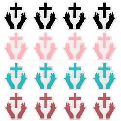 16Pcs 4 Colors Hand with Cross Silicone Beads, DIY Nursing Necklaces and Bracelets Making, Chewing Pendants For Teethers, Mixed Color, 28x24.5x8.5mm, Hole: 2.5mm, 4pcs/color(SIL-GL0001-07)