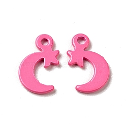 Spray Painted 201 Stainless Steel Charms, Moon with Star Charms, Hot Pink, 12x7x1mm, Hole: 1.2mm(STAS-G304-20C)