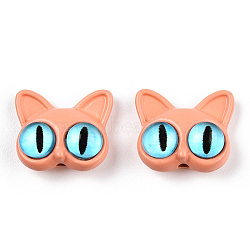 Spray Painted Alloy Beads, with Glass Eye, Cat Head, Light Salmon, 14x16.5x7mm, Hole: 1.5mm(PALLOY-K001-19D)