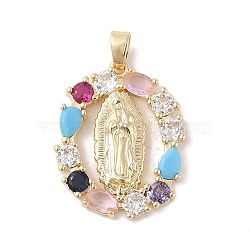 Brass Cubic Zirconia Pendants, Long-Lasting Plated, Flat Round with Holy Virgin Charms, Golden, Colorful, 29x24x3mm, Hole: 6x3mm(KK-Z050-18G-02)