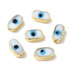 Handmade Evil Eye Lampwork Beads, with Brass Findings, Lead Free & Cadmium Free, Long-Lasting Plated, Oval, White, 14~14.5x7.5~8.5x5.5~6mm, Hole: 0.9~1.4mm(LAMP-D016-02LG-04)