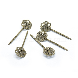 Iron Hair Bobby Pin Findings, with Brass Filigree Flower Cabochon Bezel Settings, Nickel Free, Antique Bronze, 62.5x2mm(X-IFIN-L032-05AB-NF)
